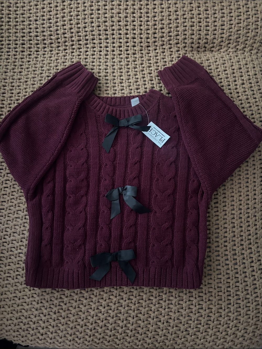 Children’s Place Cable Knit Bow Sweater - Burgundy size 7/8 M Girls NEVER WORN